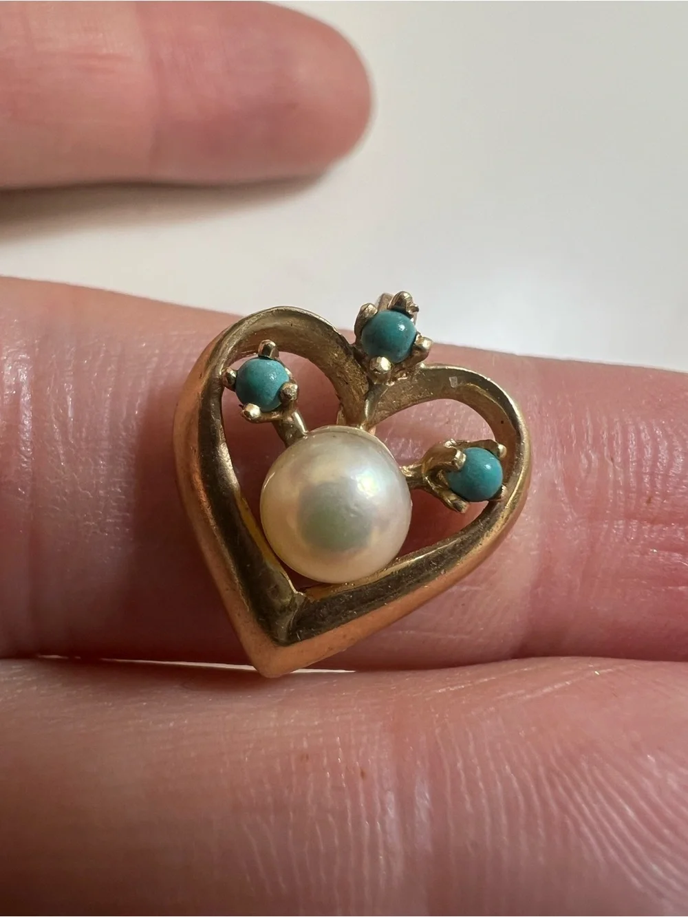 14K Gold Heart Pearl and Turquoise Accent Pendant